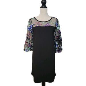 Roz & Ali Black Floral Embroidered Bell Sleeve Mesh Little Black Dress Size 4